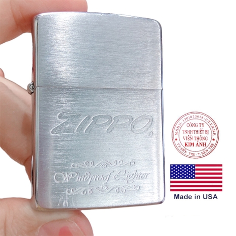 Bật lửa Zippo Mỹ  Chrome xước ngang, Khắc ăn mòn Zippo Windproof Lighter, sản xuất 1991, chữ xéo, mộc ngược, Chính hãng