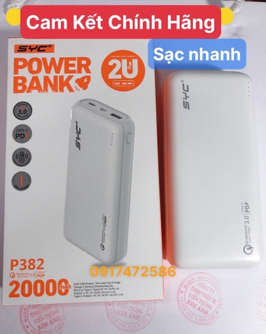 Sạc Dự Phòng SYC P382 dung lượng 20000 mAh (PD 18W, QC3.0) Sạc Nhanh 2 Chiều Type C, Hàng chính hãng