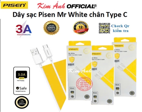 Dây sạc nhanh Pisen Mr White 3A, chân cắm Type-C (Fast) 1 mét( TC25-1000), Hàng chính hãng check Qr bảo hành 12 tháng