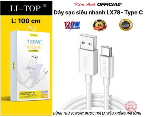 Dây sạc siêu nhanh LI-TOP LX78 120W, chân Type C, dây mịn mập, lõi 260 sợ đồng, được dùng thử 30 ngày, hàng chính hãng