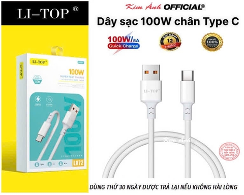 Dây sạc LI-TOP LX72 Công suất 100W chân Type C, được dùng thử 30 ngày, bảo hành chính hãng 12 tháng