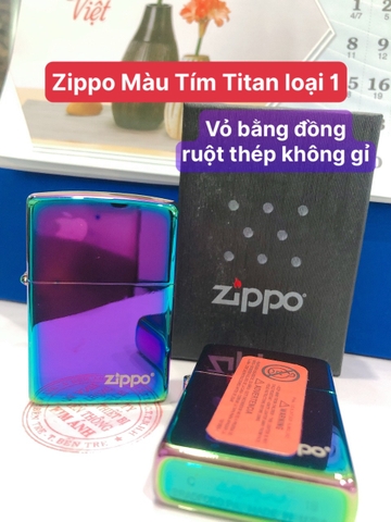 Bật Lửa, hộp quẹt Zippo USA Màu Tím Titan (Tím Cầu Vòng - Tím ánh kim, Tím bảy màu) Vỏ bằng đồng có tem đỏ