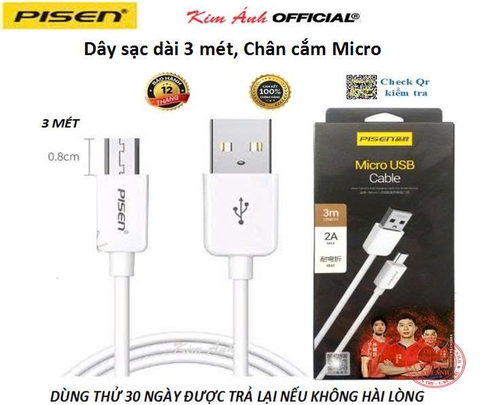 Dây sạc nhanh Pisen chân cắm Micro, dòng điện 2A, dây dài 3 mét - Hàng chính hãng nội địa bảo hành 12 tháng
