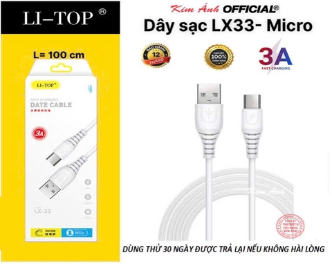Dây sạc 3A LI-TOP LX33 chân Micro (hộp giấy) dòng điện 3A, Kim Ánh cho dùng thử 30 ngày, bảo hành chính hãng 12 tháng