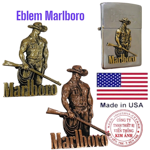 Miếng dán Eblem trang trí Zippo chủ đề Marlboro cầm dây , chất liệu đồng thau Solid Brass, hàng chuẩn zin nhập Mỹ
