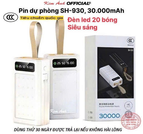Pin sạc dự phòng SH-930 dung lượng lớn 30.000mAh, hàng chính hãng có giấy chứng nhận tiêu chuẩn quốc gia 3C