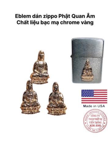 Eblem dán trang trí Zippo chủ đề Phật Quan Âm chất liệu Bạc mạ Chrome màu vàng bóng, chuẩn zin hãng sản xuất