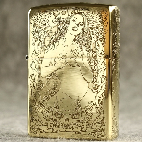 Hột quẹt Zippo MỸ Brass mã 204B khắc ăn mòn đổ sơn 5 mặt chủ đề Cô gái đầu lâu , Hàng chính hãng