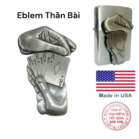 Eblem dán trang trí Zippo chủ đề Thần Bài, chất liệu hợp kim nhôm, hàng chuẩn zin Mỹ