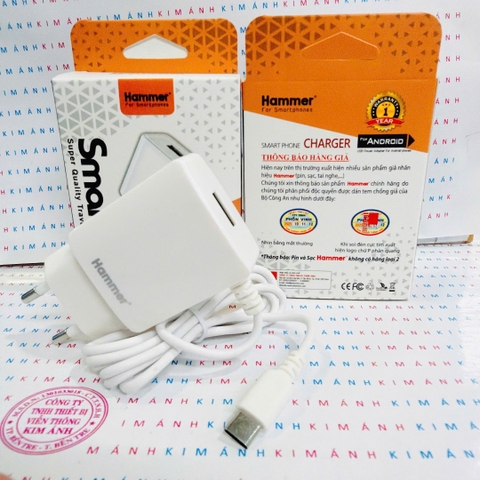 Sạc điện thoại Hammer 2.4A chân cắm Type C, có thêm cổng USB dự phòng, Kim Ánh bảo hành chính hãng, bao đổi trả