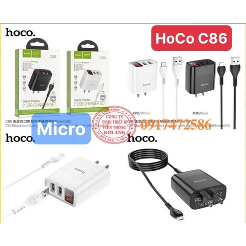 V8 - Bộ Sạc Nhanh Hoco C86 - 2,4A cổng Micro, có đèn Led hiển thị Ampe, Sạc cùng lúc 2 thiết bị, Hàng chính hãng