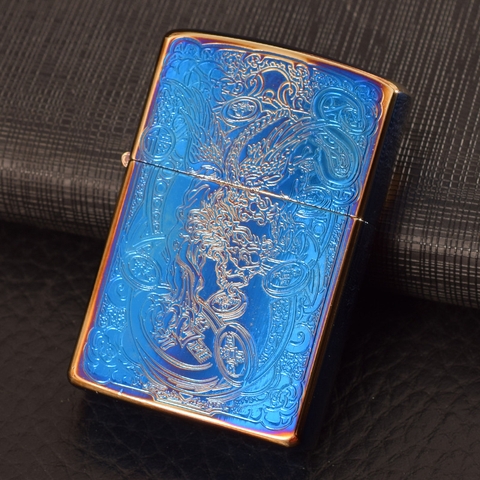 Hộp quẹt, bật lửa Chief chủ đề Tỳ Hưu Tài Lộc màu xanh lửa băng, hàng loại 1 cao cấp vỏ bằng đồng