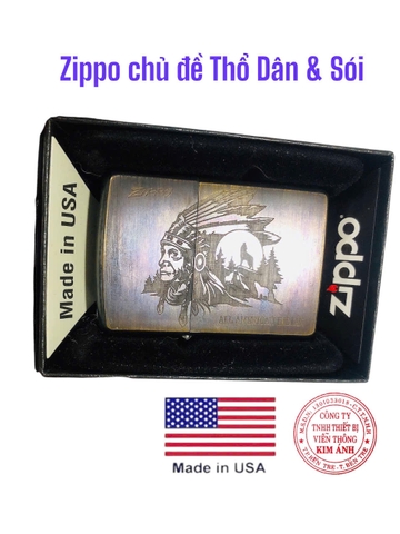 Hộp quẹt, bật lửa Zippo Mỹ Brass đồng, chủ đề Thổ Dân Da Đỏ và Chó Sói, Hàng chính hãng nhập Mỹ