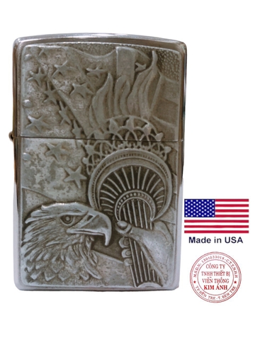 Bật lửa, hộp quẹt Zippo Mỹ brushed chrome Eblem biểu tượng nước Mỹ, Hàng chính hãng