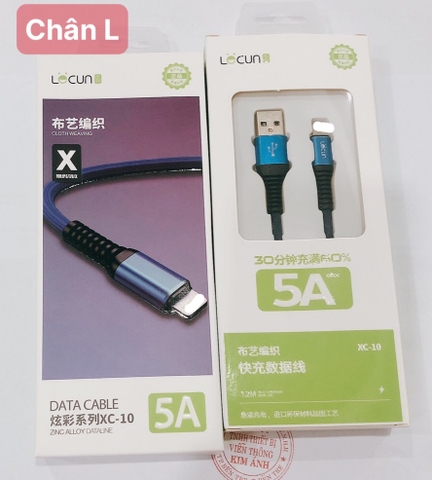 Dây sạc nhanh Lecun XC 10 dòng điện 5A chân L dây dù chống rối, chống cắt, Hàng Chính Hãng