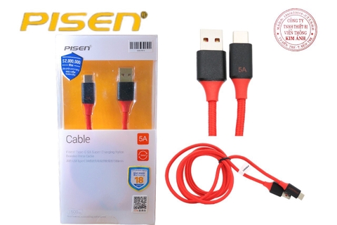 Dây sạc nhanh Pisen quick super charge Type-c 5A braided 1500mm ( TC11-1500), dây dù chống rối, hàng chính hãng