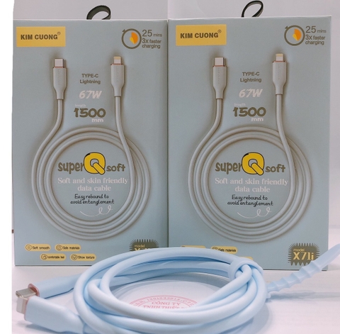 Dây sạc nhanh Kim Cương X71I 67W dài 1.5 mét, dây nhựa mịn mập, chân cắm Type C ra L, hàng chính hãng
