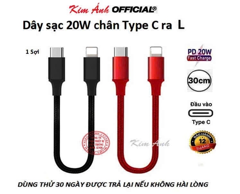 Dây sạc ngắn 30cm, bện dù, công suất 20w, chân cắm Type C ra L, Kim Ánh bảo hành 12 tháng