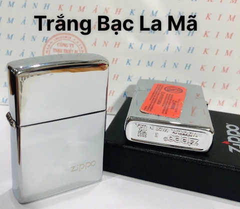 Bật lửa, hộp quẹt ZIPPO màu Trắng Bạc đáy La Mã loại trơn bóng, Kim Ánh nhập hàng cao cấp vỏ bằng đồng có dán tem đỏ