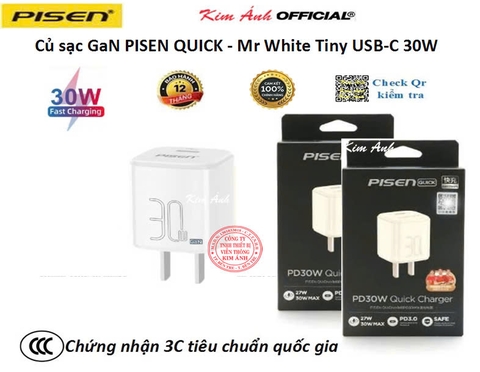 Củ sạc Gallium Nitride 30W-  PISEN QUICK Mr White Tiny USB-C (TS-C175) , check QR kiểm tra chính hãng, bảo hành 24 tháng