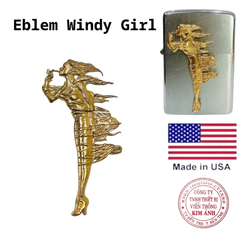 Eblem dán trang trí Zippo chủ đề Windy Gril vàng ( Cô gái gió), chất liệu đồng thau, hàng chuẩn zin Mỹ