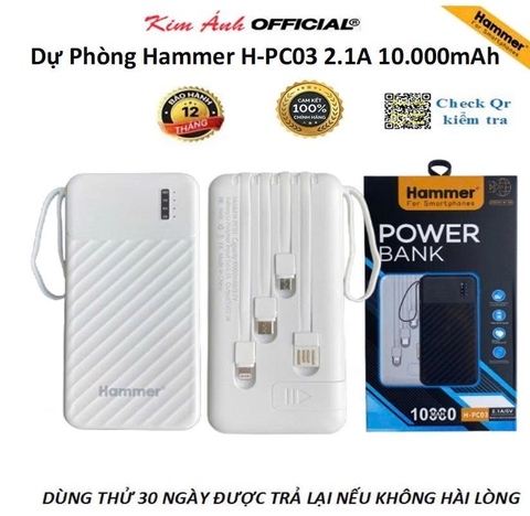 Pin Sạc Dự Phòng Hammer H-PC03 2.1A/5V, dung lượng10.000mAh, hàng chính hãng bảo hành 12 tháng