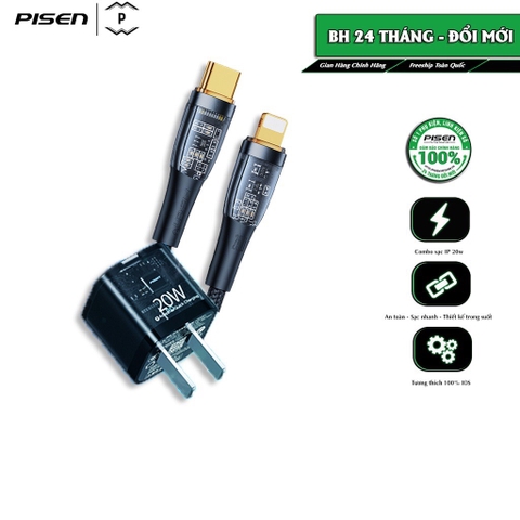Bộ cóc va cáp sạc nhanh PISEN Quick Ice Crystal PD 20W Explorer 1200mm (QC-TC01-1200), sạc nhanh siêu mát, chính hãng