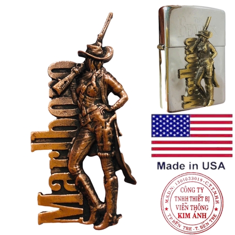 Miếng dán Eblem trang trí cho Zippo chủ đề Cô gái Marlboro vác súng , chất liệu đồng thau Solid Brass, hàng chính hãng