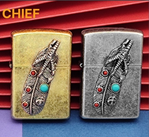 Bật lửa, hộp quẹt Chief đồng nguyên chất đắp nổi chủ đề Long Vuốt Đại Bàng