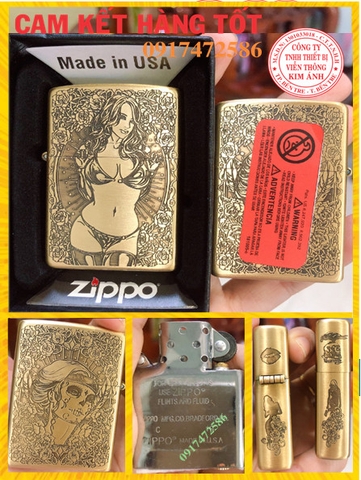 BẬT LỬA ZIPPO MẠ CHROME KHẮC CHÌM 5 MẶT, HÌNH THIẾU NỮ TÓC XOĂN