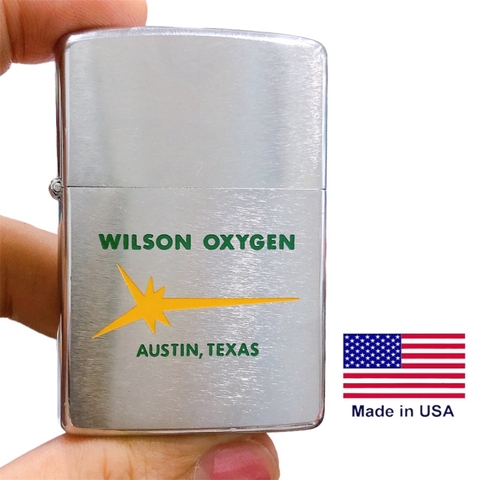 Bật lửa Zippo Mỹ, chữ xéo- mộc ngược, Khắc ăn mòn đổ sơn chủ đề WILSON OXYGEN, sản xuất 1975 Hàng chính hãng