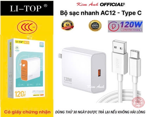 Bộ sạc nhanh LI-TOP AC12 120W chân Type C, đạt chứng nhận 3C tiêu chuẩn quốc gia, Kim Ánh bảo hành chính hãng 12 tháng