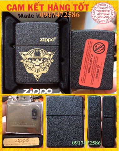Bật Lửa Zippo Mẫu Đầu Lâu Đen Bụi, Vỏ đồng có tem đỏ