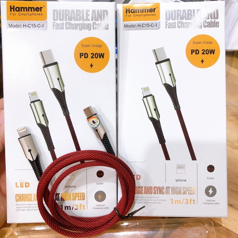 Dây sạc nhanh Hammer C15 chân cắm  Type C ra L công suất PD 20W, dây bện dù, hàng chính hãng bảo hành 12 tháng