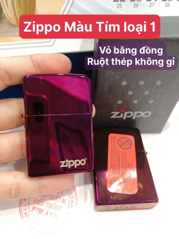 Bật Lửa, Hộp quẹt Zippo USA Màu Tím loại trơn bóng, Vỏ đồng có tem đỏ