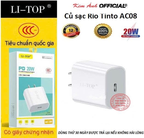 Củ sạc nhanh LI-TOP AC08, PD 20W, đạt chứng nhận 3C tiêu chuẩn quốc gia, hàng chính hãng bảo hành 12 tháng