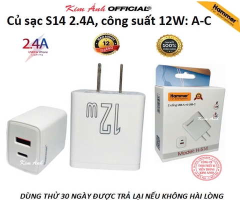 Củ sạc Hammer H-S14, 2.4A công suất 12W có 2 cổng (Type C và cổng USB), Check Qr hàng chính hãng