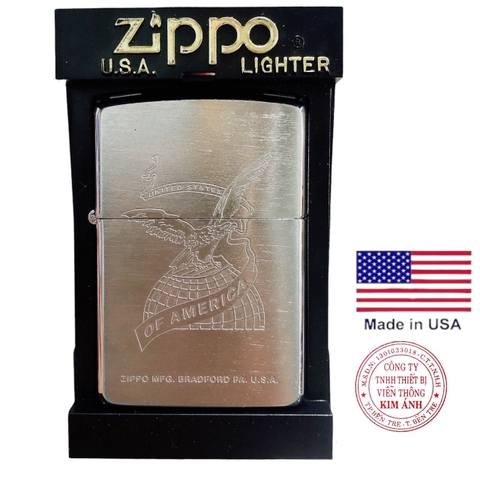 Bật lửa Zippo MỸ brush chrome khắc ăn mòn Chim đại bàng UNITED STATES OF AMERICA, mộc đáy ngược sản xuất 1994