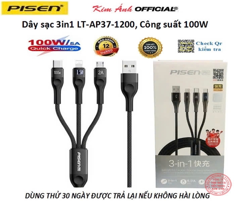 Dây sạc Pisen LT-AP37-1200, Công suất 100W,  3in1 (L/ Type-C/ Micro) dây dù dài 1.2m , hàng chính hãng nội địa