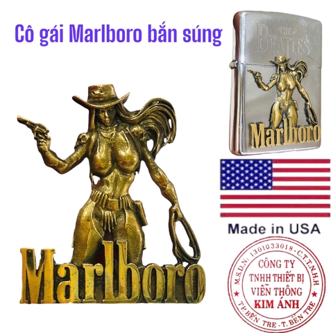Miếng dán Eblem trang trí cho Zippo chủ đề Cô gái Marlboro bắn súng , chất liệu đồng thau Solid Brass, hàng chính hãng