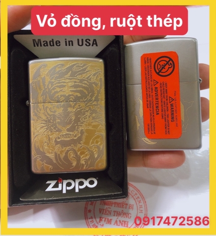 ZIPPO ĐẦU MÃNH HỔ BẠC SATIN VỎ ĐỒNG MAIN USA HÀNG HIẾM