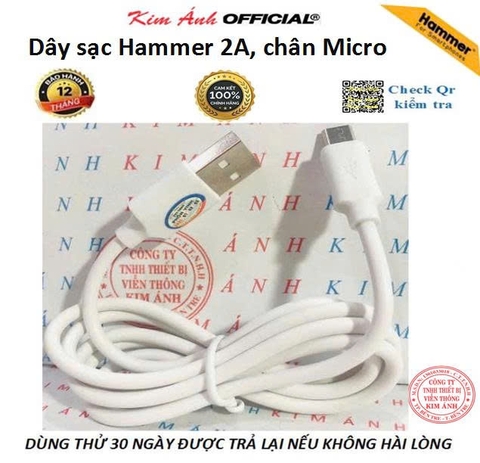 Dây sạc Hammer chân cắm Micro dòng điện 2A, Kim Ánh bảo hành hàng chính hãng 12 tháng