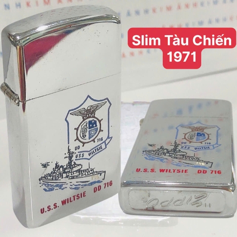 Bật lửa Zippo Mỹ Slim khắc laser Tàu Chiến mộc đáy ngược chữ xéo hiếm gặp, sản xuất 1971 hàng chính hãng có giấy tờ