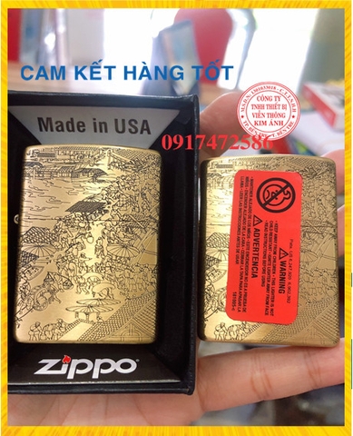 Bật Lửa Zippo Khắc Chìm 5 mặt Mẫu Thanh Minh Thượng Hà Đồ- Màu Vàng Ruột Trắng, Vỏ đồng có tem đỏ