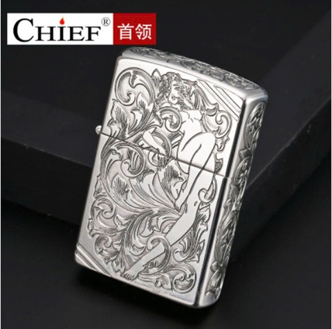 Bật lửa CHIEF Yêu Hoa bạc CF1089YT hàng chính hãng vỏ bằng đồng càng dùng càng sáng bóng theo thời gian
