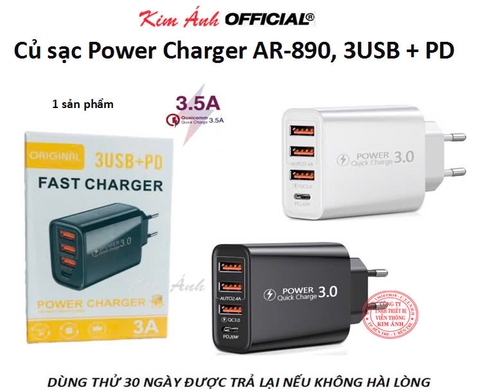 Củ sạc Power Charger AR-890, 3USB + PD, dòng điện 3.5A, Kim Ánh bảo hành 12 tháng, bao đổi trả