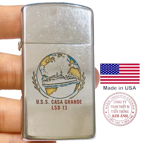 Bật lửa, hộp quẹt Zippo Slim Mỹ khắc laser đổ sơn chủ đề Tàu Chiến mộc đáy xéo hiếm gặp, sản xuất 1967
