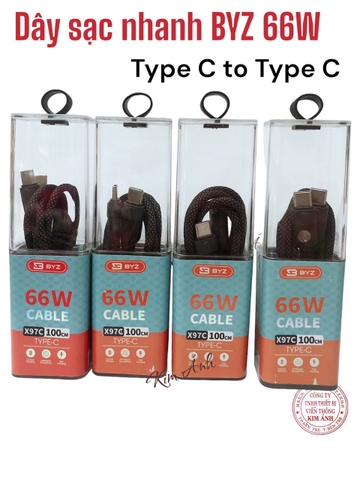 Dây sạc nhanh BYZ X97PD công suất 66W, chân cắm Type C ra Type C, dây vải dù chắc chắn và chống rối, Hàng chính hãng