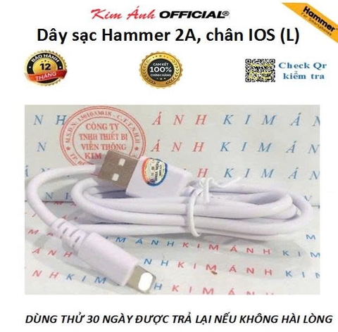 Dây sạc Hammer chân cắm IOS (L ) dòng điện 2A, Kim Ánh bảo hành hàng chính hãng 12 tháng