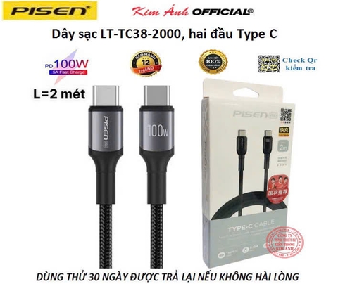 Dây sạc nhanh Pisen LT-TC38-2000, Công suất 100W, dây dù dài 2 mét  3in1 (L/ Type-C/ Micro), hàng chính hãng nội địa